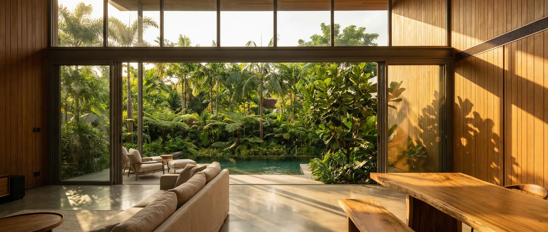 Rolansini system doors opening a Singapore living room to a tropical garden and pool